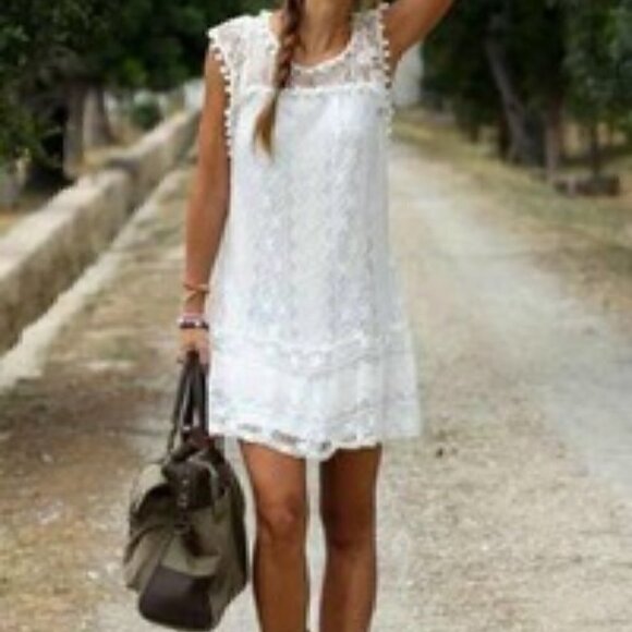SI MAIER White Summer Boho Lace Overlay Pom Pom Sleeveless Mini Dress Size XL - Picture 4 of 15